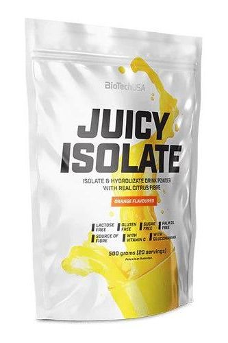 BioTech USA Juicy Isolate orange-flavored drink powder, 500g, high protein, sugar-free, gluten-free packaging.
