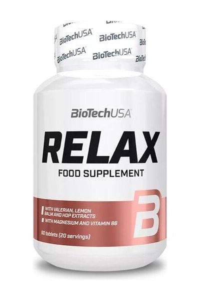 BioTech USA Relax food supplement bottle with magnesium, vitamin B6, and herbal extracts for balanced nerves.