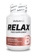 BioTech USA Relax food supplement bottle with magnesium, vitamin B6, and herbal extracts for balanced nerves.