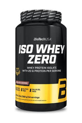 BioTech USA Iso Whey Zero protein powder jar, featuring 20g protein per serving, gluten-free and chocolate flavored.