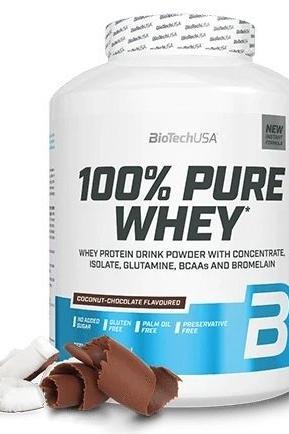 BioTechUSA 100% Pure Whey protein powder in coconut-chocolate flavor, enriched with BCAAs and gluten-free.