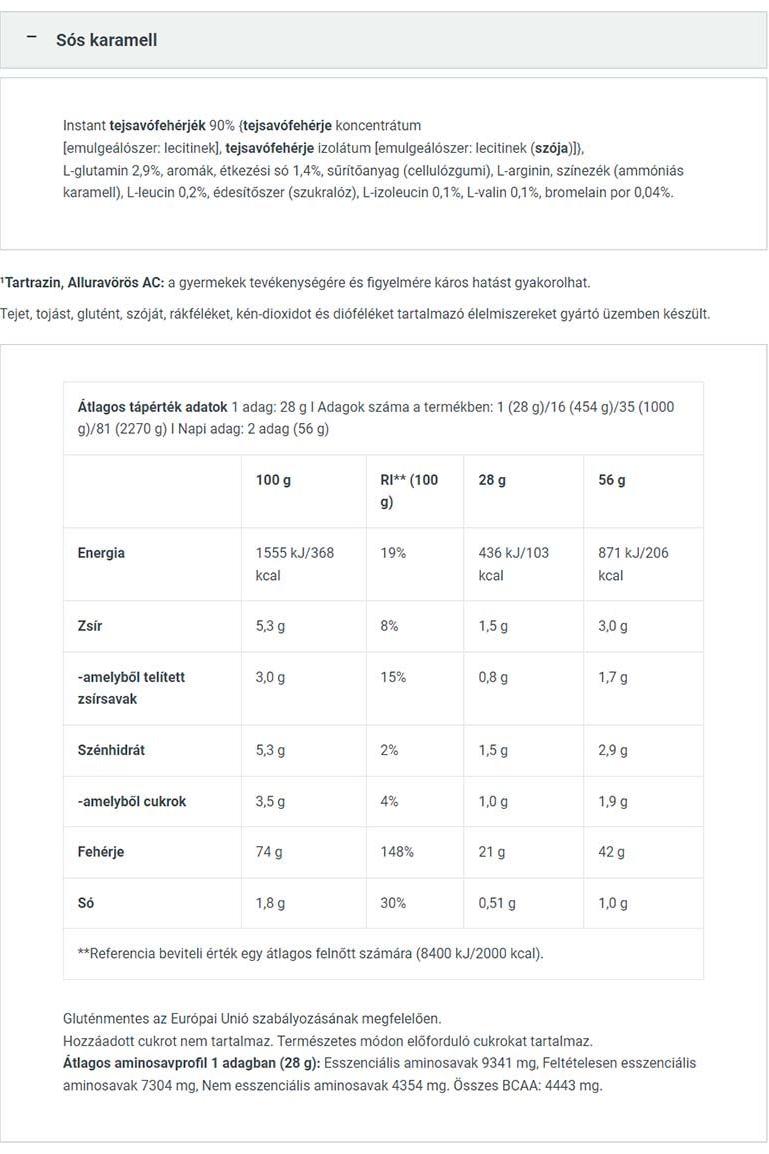 Nutritional information table for Sós karamell, including energy, sugar, and protein content.