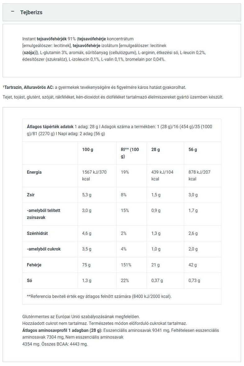 Nutritional information table for Tejberiz product, detailing energy, sugar, and amino acid content.
