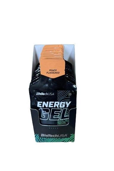 BioTechUSA Energy Gel in a peach flavor pack, designed for restoring energy during intense workouts.