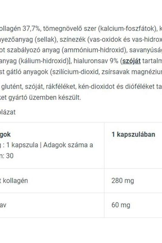 Nutritional information and ingredients for BioTechUSA Hyaluronic & Collagen capsules