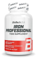 BioTechUSA Iron Professional food supplement bottle containing 60 tablets for iron, vitamin C, B12, and folic acid.