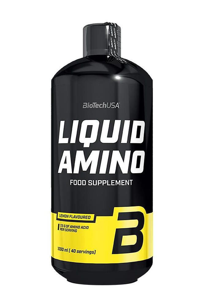 BioTechUSA Liquid Amino food supplement in lemon flavor, 1000 ml bottle, delivers 12 grams of amino acids per serving.
