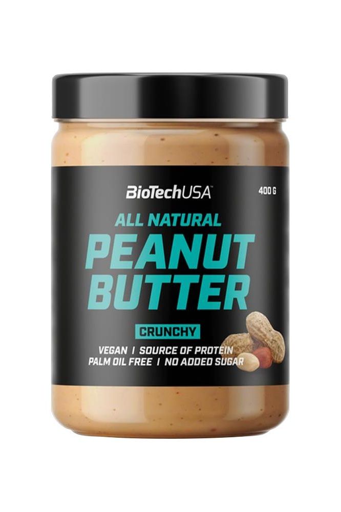 BioTechUSA Crunchy Peanut Butter jar, all natural, vegan, palm oil free, and no added sugar, 400g.