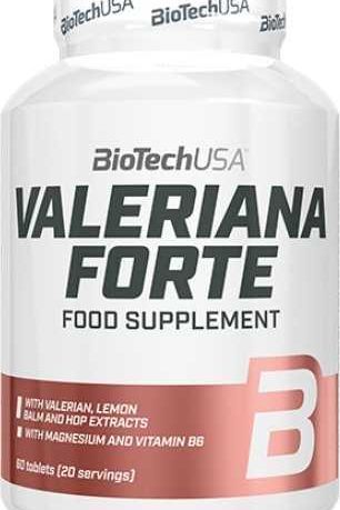 BioTechUSA Valeriana Forte food supplement with magnesium, vitamin B6, and plant extracts for stress relief and improved sleep.