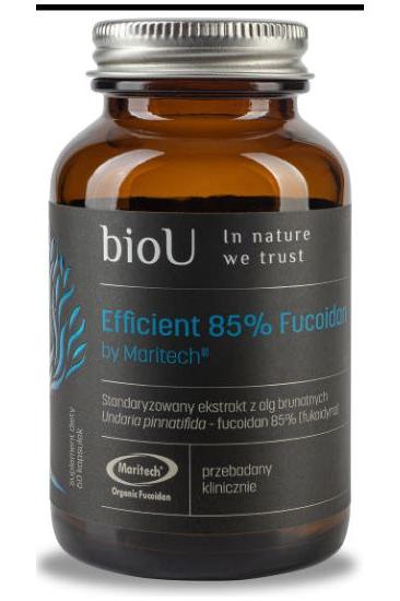 bioU Efficient 85% Fucoidan by Maritech in amber bottle, dietary supplement from brown seaweed, Undaria pinnatifida.