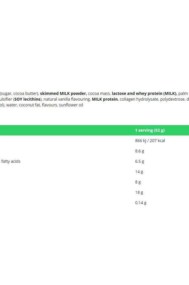 Nutritional information for Bounty High Protein Bar showing ingredients and serving details.