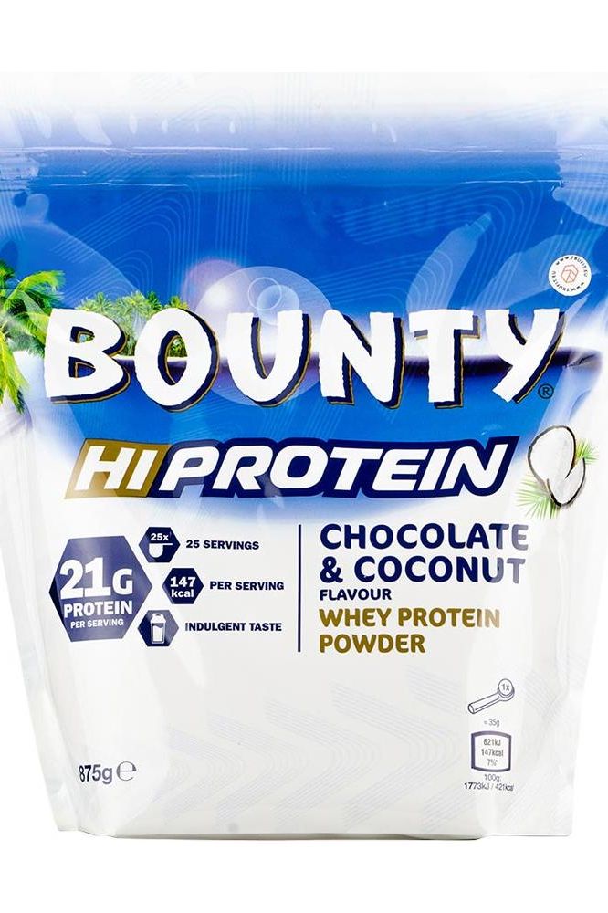 Bounty Hi Protein Whey Powder 875g pack featuring chocolate and coconut flavor, offering 21g protein per serving.