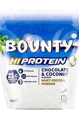 Bounty Hi Protein Whey Powder 875g pack featuring chocolate and coconut flavor, offering 21g protein per serving.