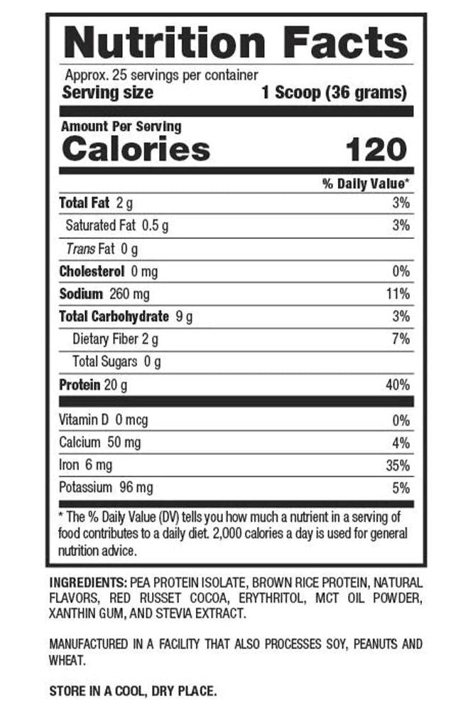 Nutrition facts label for BPI Sports Vegan Protein showing calories and protein details.
