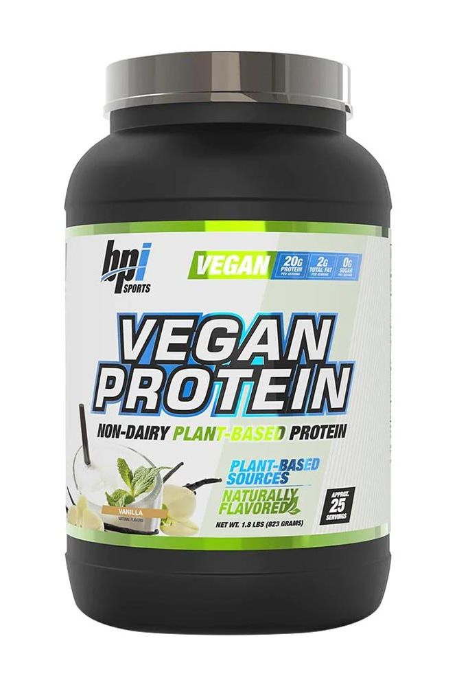 BPI Sports Vegan Protein powder container featuring 20g protein per scoop, non-dairy, plant-based nutrition.