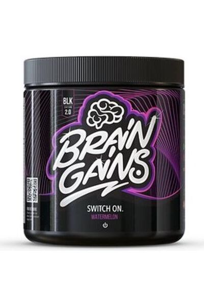Brain Gains Switch-On 2.0 Black Edition energy supplement tub with watermelon flavor.