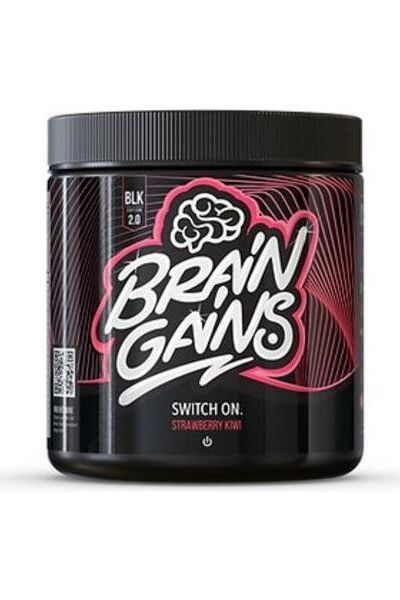Brain Gains Switch-On 2.0 Black Edition supplement jar with Strawberry Kiwi flavor.