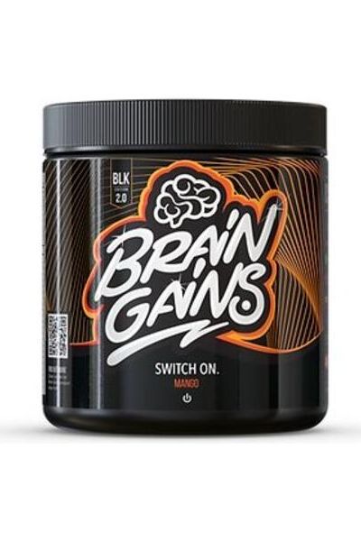 Brain Gains Switch-On 2.0 Black Edition mango flavor energy supplement container.
