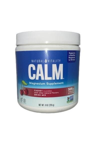 Natural Vitality Calm Magnesium Powder in cherry flavor for relaxation and mood support.