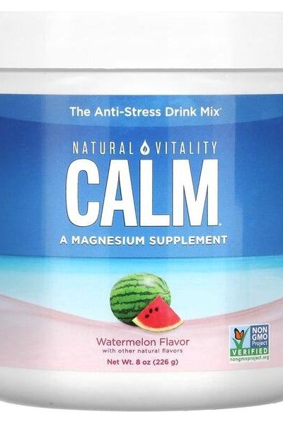 Natural Vitality CALM Magnesium Powder with watermelon flavor, promoting relaxation and balanced mood.