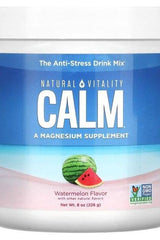Natural Vitality CALM Magnesium Powder with watermelon flavor, promoting relaxation and balanced mood.