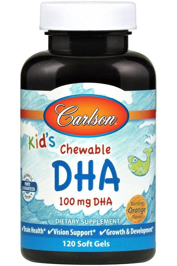 Carlson Labs Kid's Chewable DHA supplement, 100 mg, 120 soft gels, promoting brain and vision health for children.
