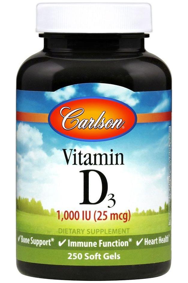 Carlson Labs Vitamin D3 dietary supplement, 1,000 IU (25 mcg), supports bone and immune health, 250 soft gels.