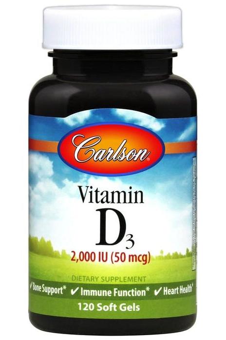 Carlson Labs Vitamin D3 supplement bottle, 2,000 IU, supports bone and immune health, 120 soft gels.