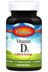 Carlson Labs Vitamin D3 supplement bottle, 2,000 IU, supports bone and immune health, 120 soft gels.