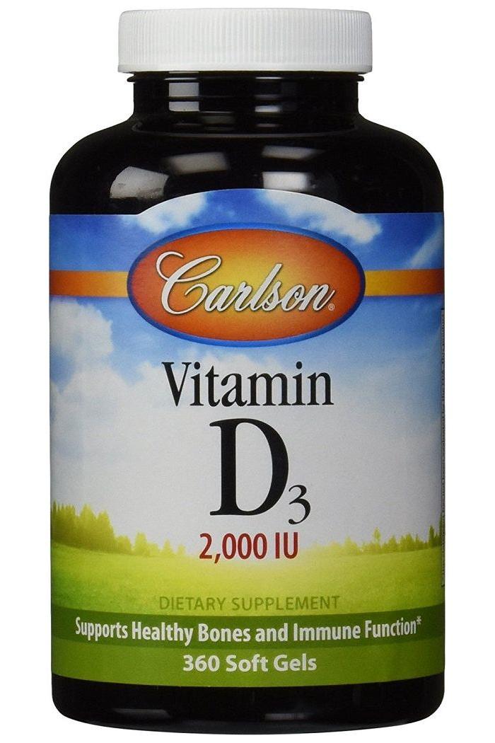 Carlson Labs Vitamin D3 supplement bottle with 2000 IU, supports healthy bones and immune function, 360 soft gels.