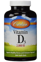 Carlson Labs Vitamin D3 supplement bottle with 2000 IU, supports healthy bones and immune function, 360 soft gels.