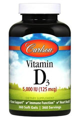 Carlson Labs Vitamin D3 dietary supplement bottle with 5,000 IU and benefits for bone and immune health.