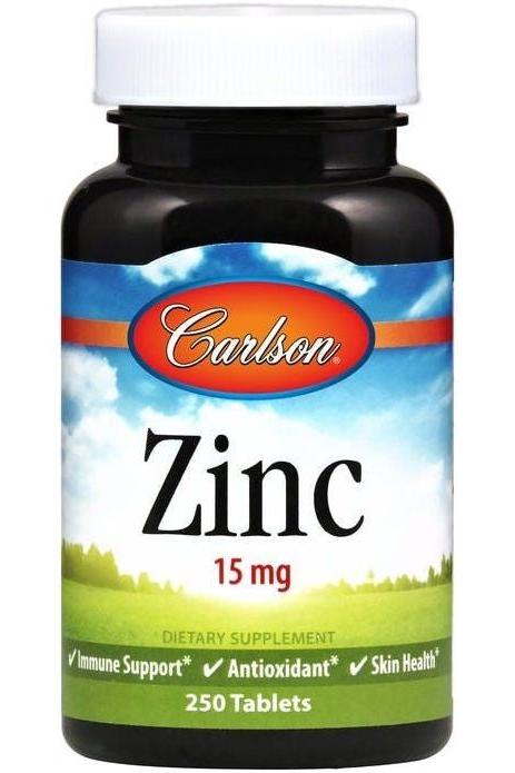 Carlson Zinc 15 mg dietary supplement bottle, supports immune health and skin wellness, 250 tablets.