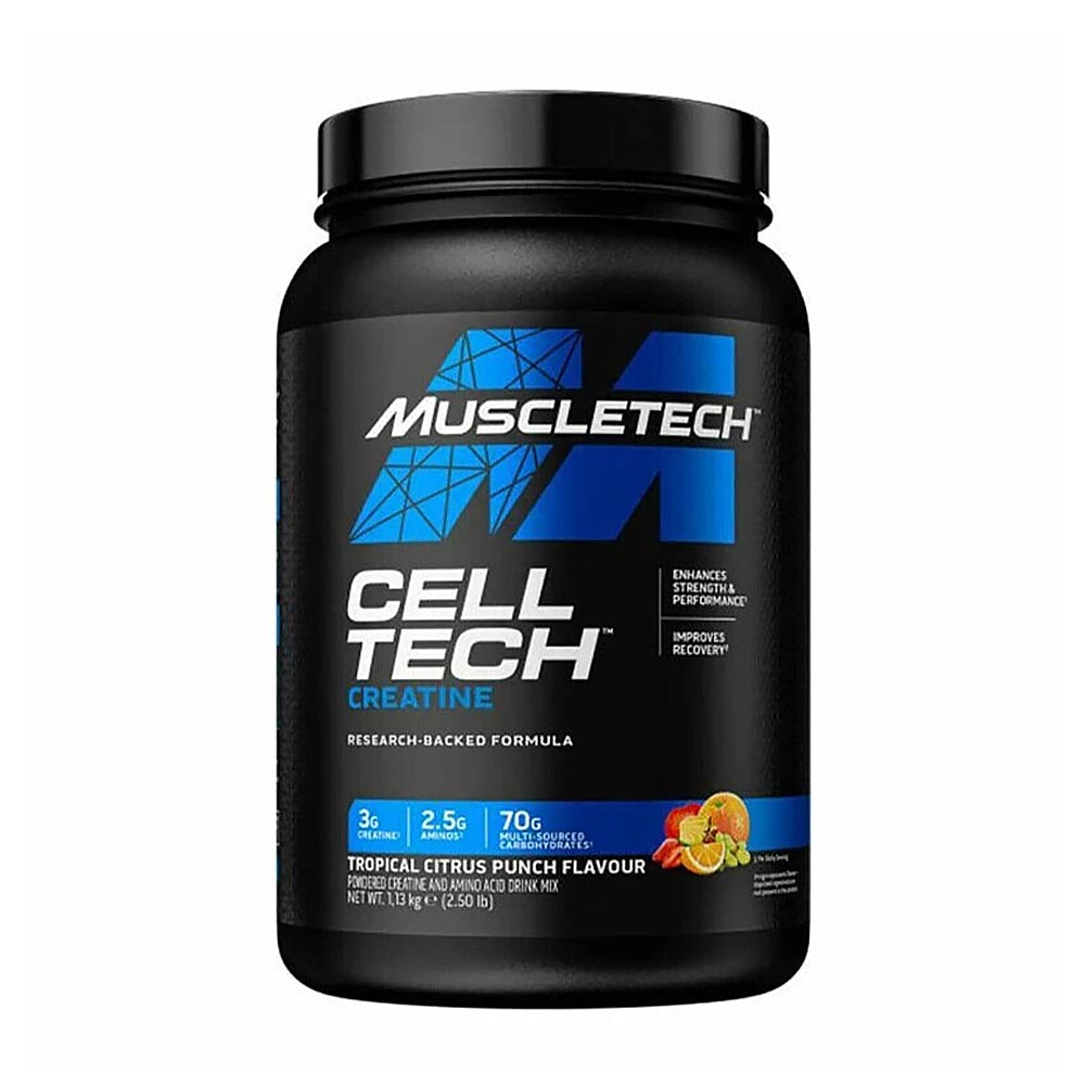 MuscleTech Cell Tech creatine supplement in tropical citrus punch flavor, enhances performance and recovery.