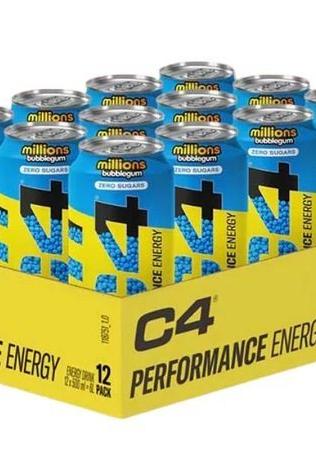 C4 Performance Energy drink cans in a 12-pack, featuring bright blue and yellow packaging.