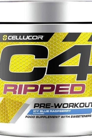 Cellucor C4 Ripped pre-workout supplement in Icy Blue Raspberry flavor for improved workout efficiency and fat burning.