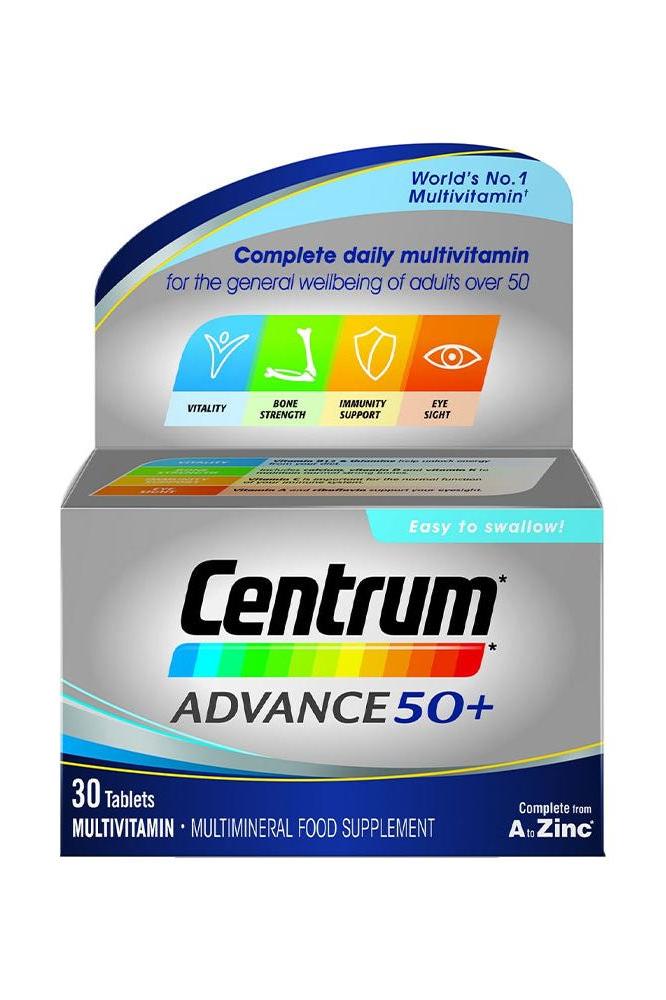 Centrum Advance 50+ multivitamins for adults over 50, promoting vitality, eye health, and immune support.