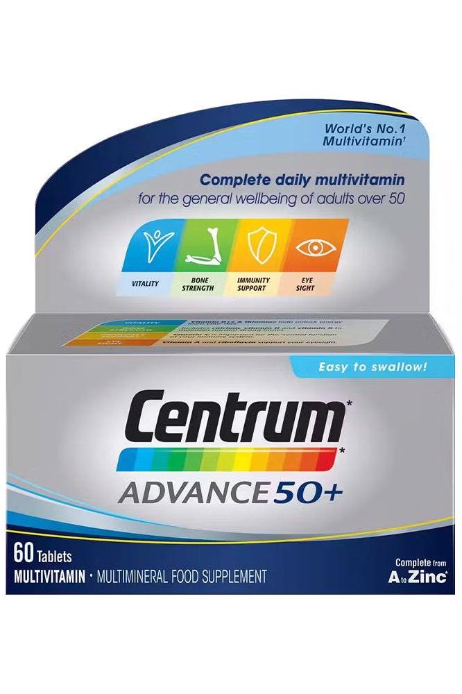 Centrum Advance 50+ multivitamin box for adults over 50, promoting vitality, eye health, immune support, and bone strength.