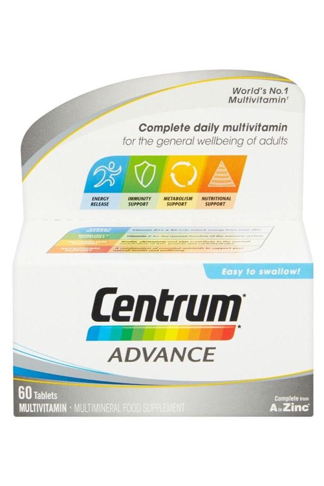 Centrum Advance multivitamin box with 60 tablets for daily energy and immune support.