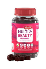 Chewwies Multi & Beauty gummies featuring strawberry flavor for healthy hair, skin, and nails. 30 gummies per bottle.