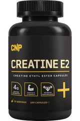 CNP Creatine E2 capsules in black bottle, 240 capsules for muscle strength and performance enhancement.