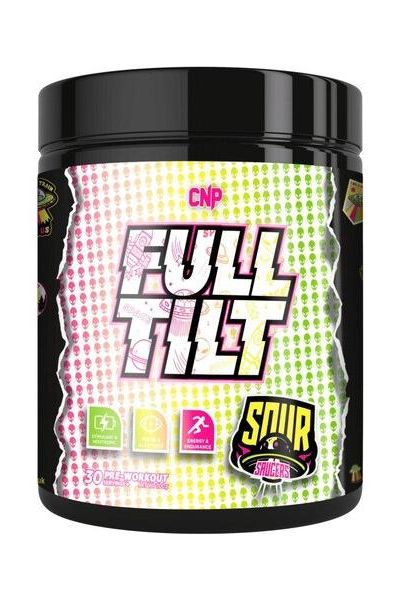 CNP Full Tilt Pre-Workout supplement jar with vibrant design for enhanced focus and energy during workouts.