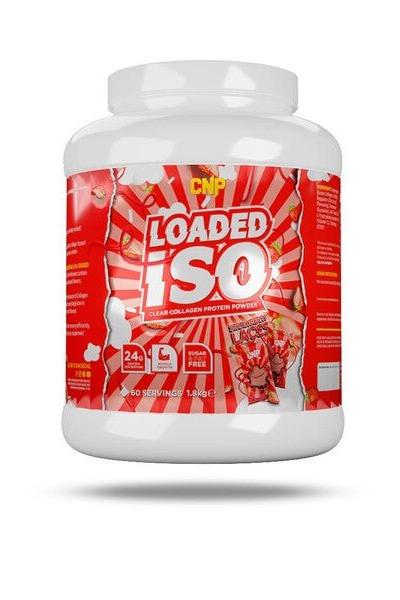 CNP Loaded ISO protein powder container, high in protein, lactose-free with refreshing flavors.