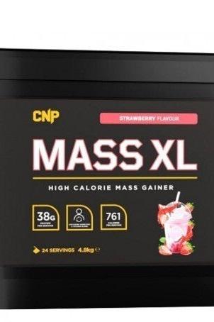 CNP Mass XL high calorie mass gainer in strawberry flavor, 24 servings, 38g protein per serving.