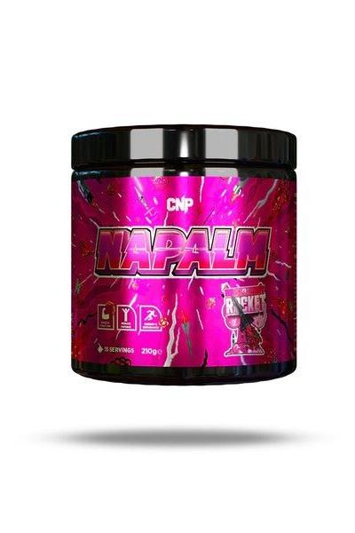 CNP Napalm pre-workout supplement container in vibrant pink design for enhanced energy and focus.