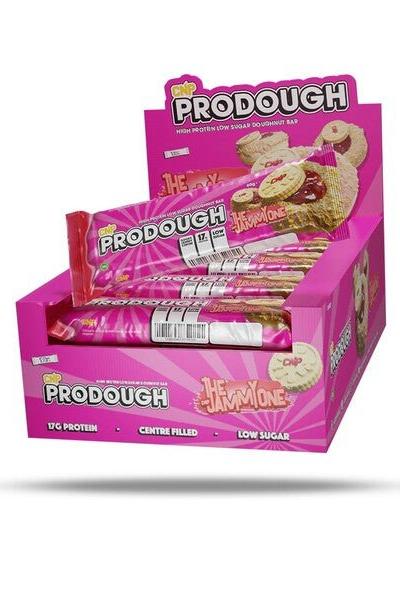 CNP ProDough protein bars box with mini doughnut flavored bars, low sugar, high protein content.