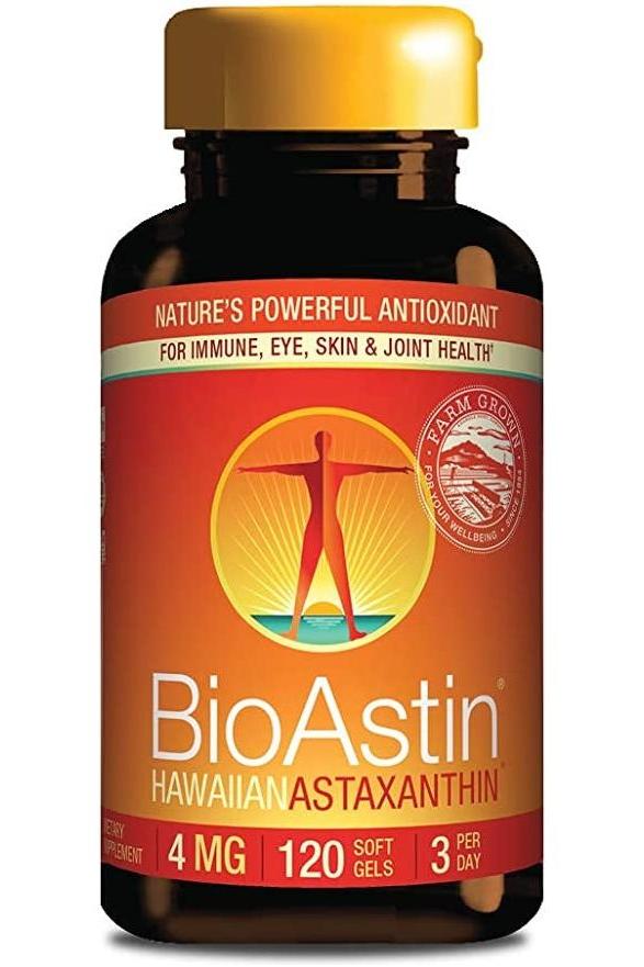 BioAstin Astaxanthin supplement bottle for eye, skin, and joint health with 120 soft gels.