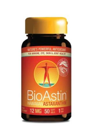 BioAstin Hawaiian Astaxanthin 12 mg supplement bottle, promoting skin, eye, and joint health.