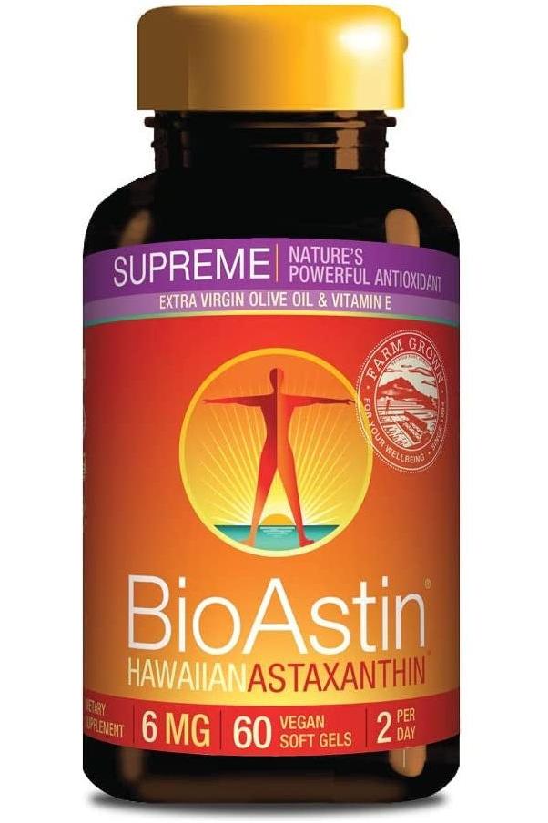 BioAstin Supreme Astaxanthin 6 mg supplement bottle with 60 vegan soft gels for eye health and antioxidants.