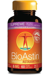 BioAstin Supreme Astaxanthin 6 mg supplement bottle with 60 vegan soft gels for eye health and antioxidants.